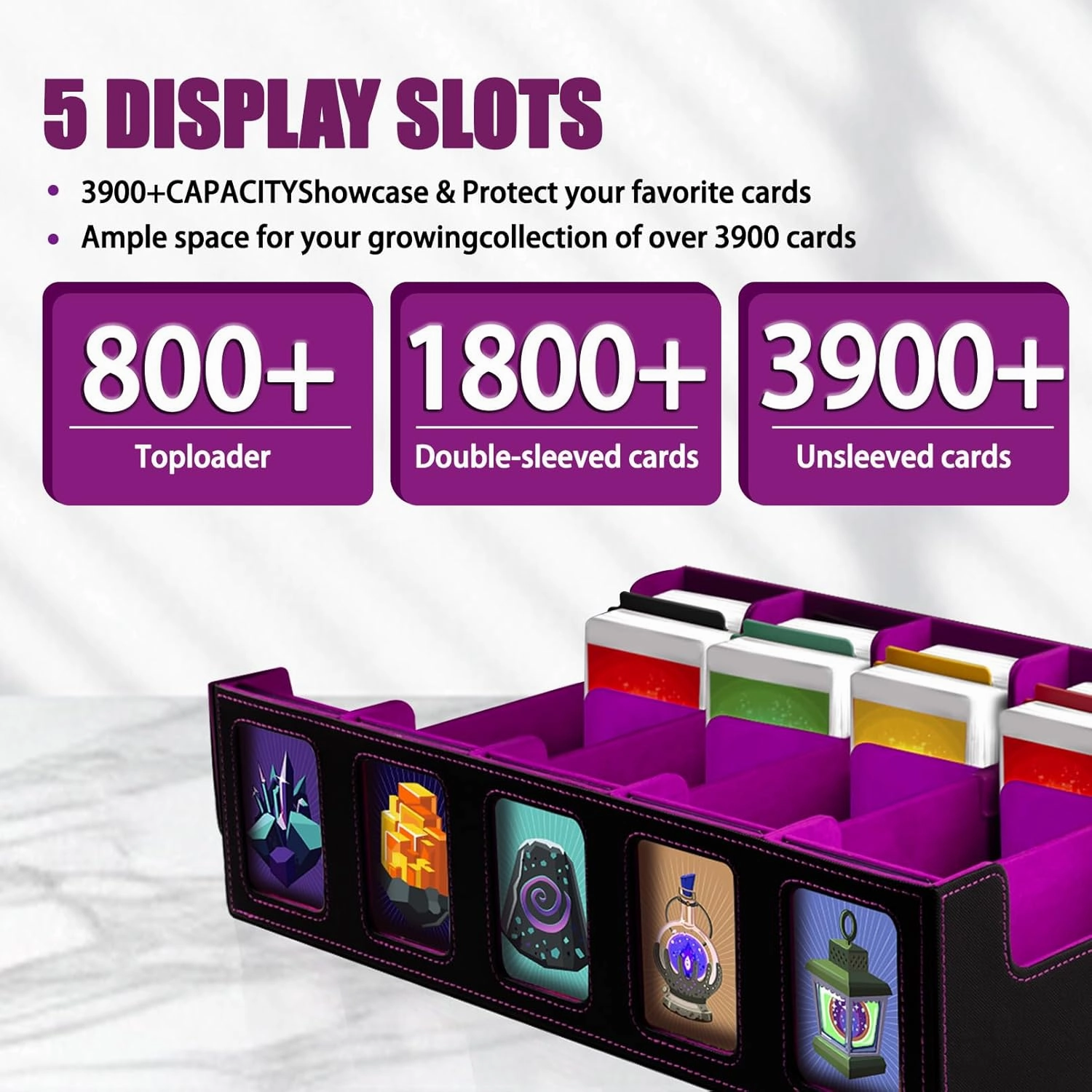 Card Storage Box with Commander Display 5-Row Deck Case with Removable Lid 3900  Card Deck Box for MTG TCG Sports Card, 5 Toploaders, 5 Stoppers, 30 Dividers,1 Dice Tray
