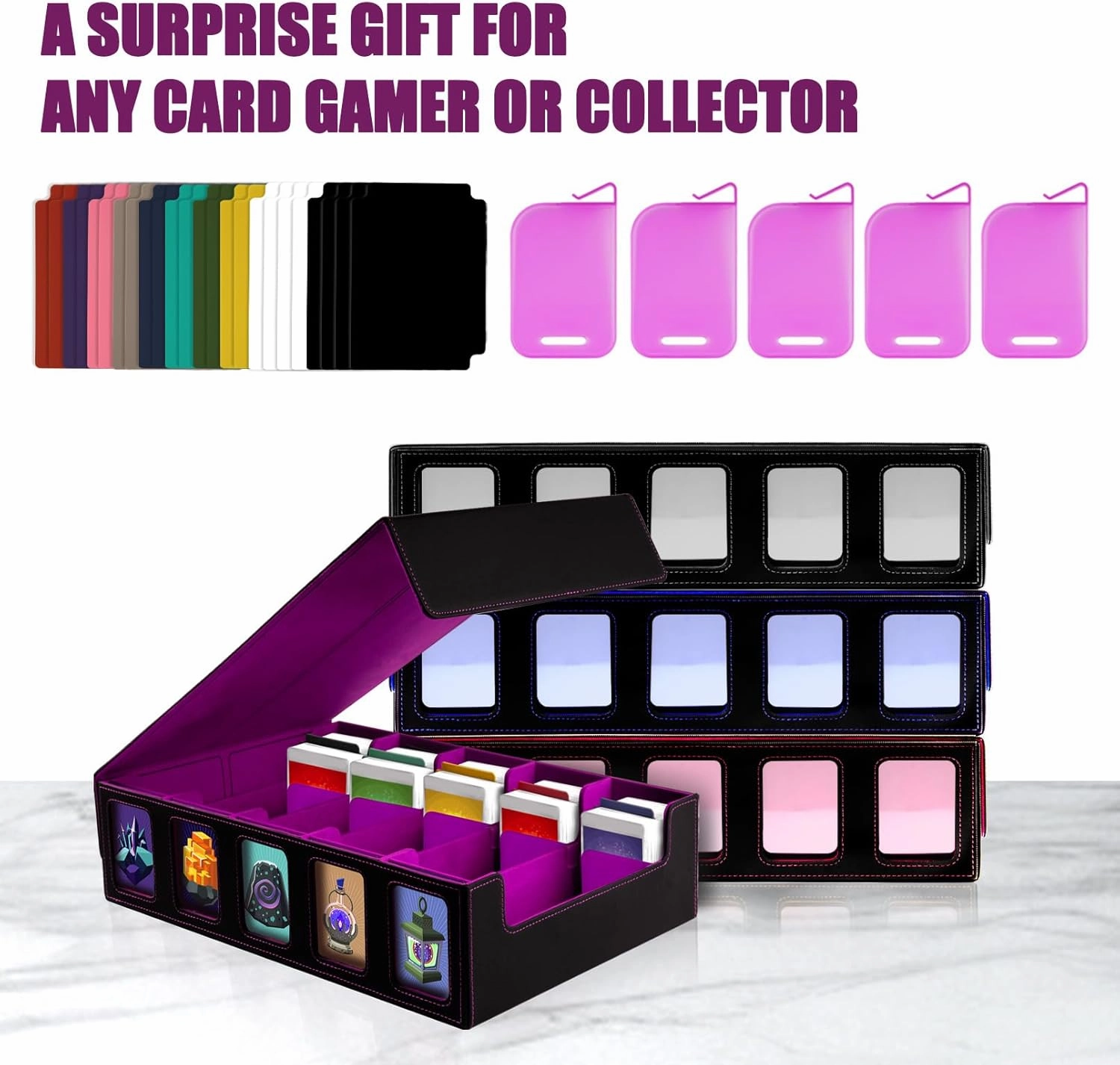 Card Storage Box with Commander Display 5-Row Deck Case with Removable Lid 3900  Card Deck Box for MTG TCG Sports Card, 5 Toploaders, 5 Stoppers, 30 Dividers,1 Dice Tray