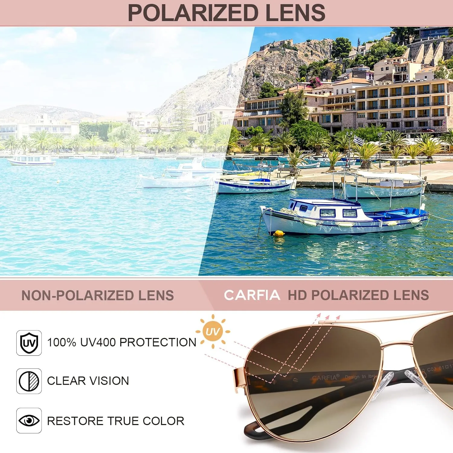 CARFIA Polarized Sunglasses for Women UV Protection Ultra-Lightweight Comfort Metal Frame Driving Glasses CA3210