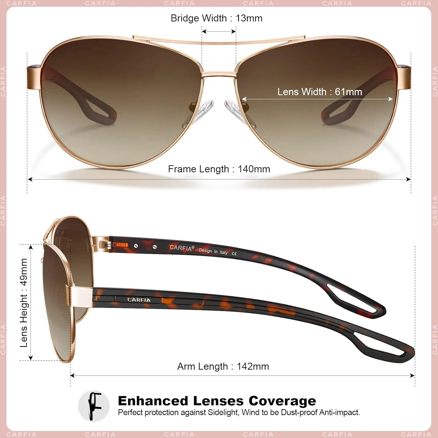CARFIA Polarized Sunglasses for Women UV Protection Ultra-Lightweight Comfort Metal Frame Driving Glasses CA3210