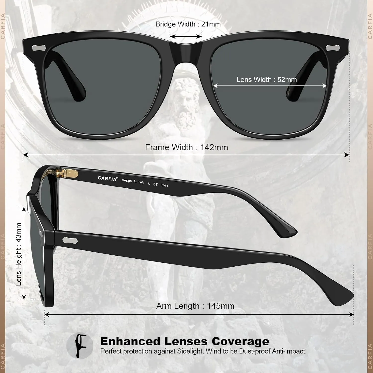 CARFIA Square Polarized Sunglasses for Men UV400 Protection Retro Acetate Italian Hand-crafted Driving Shades