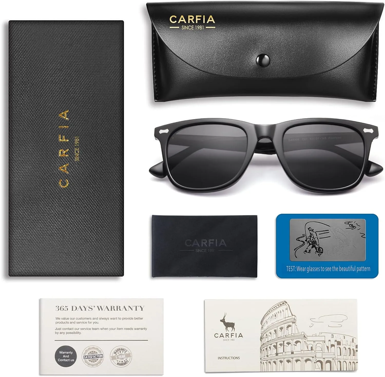 CARFIA Square Polarized Sunglasses for Men UV400 Protection Retro Acetate Italian Hand-crafted Driving Shades