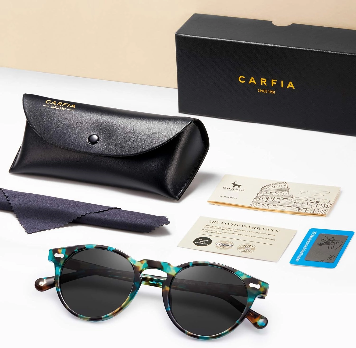 CARFIA Round Acetate Polarized Sunglasses for Women Small Face UV Protection with Leather Case CA5288
