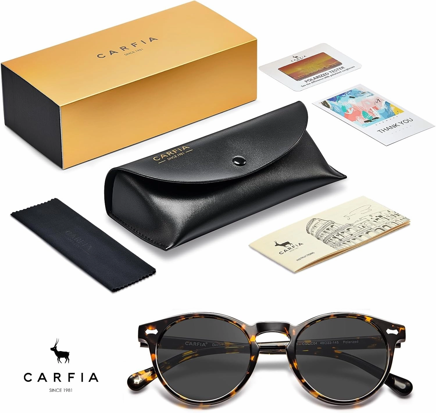 CARFIA Round Acetate Polarized Sunglasses for Women Small Face UV Protection with Leather Case CA5288