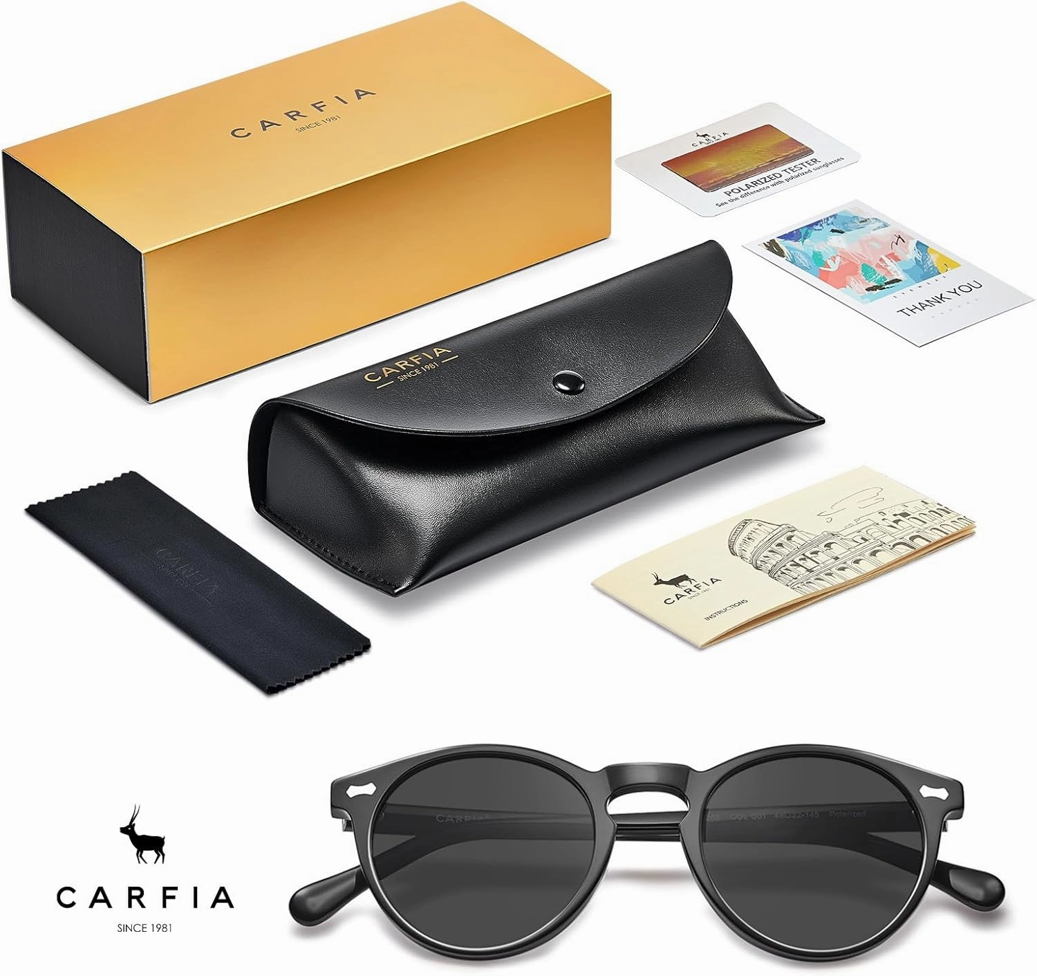 CARFIA Round Acetate Polarized Sunglasses for Women Small Face UV Protection with Leather Case CA5288