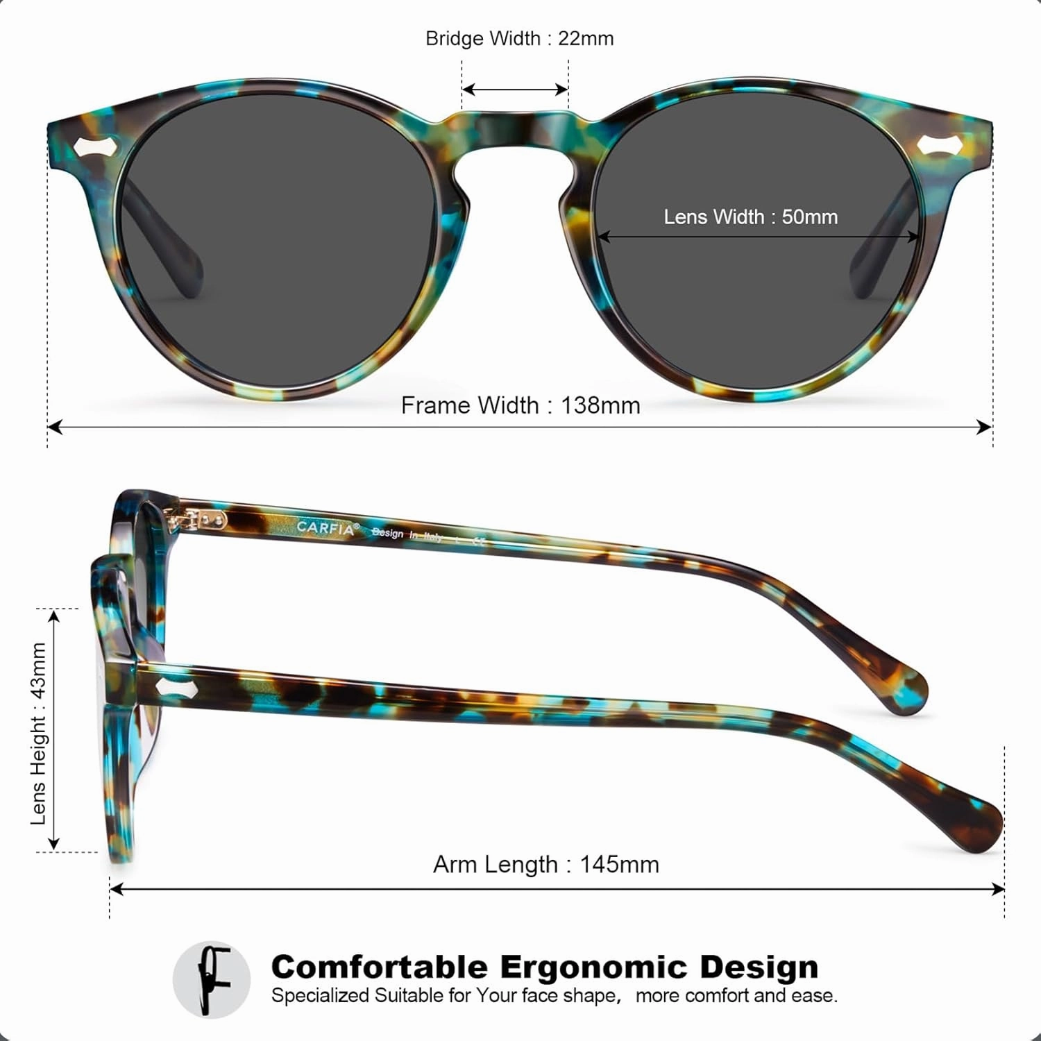 CARFIA Round Acetate Polarized Sunglasses for Women Small Face UV Protection with Leather Case CA5288
