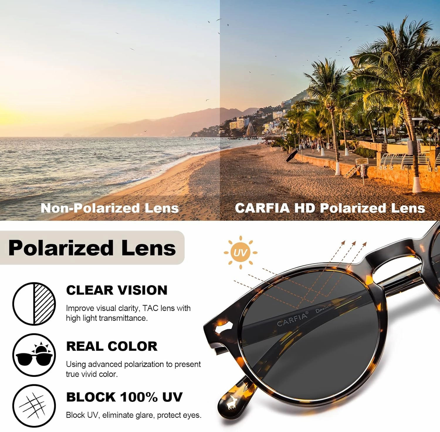CARFIA Round Acetate Polarized Sunglasses for Women Small Face UV Protection with Leather Case CA5288