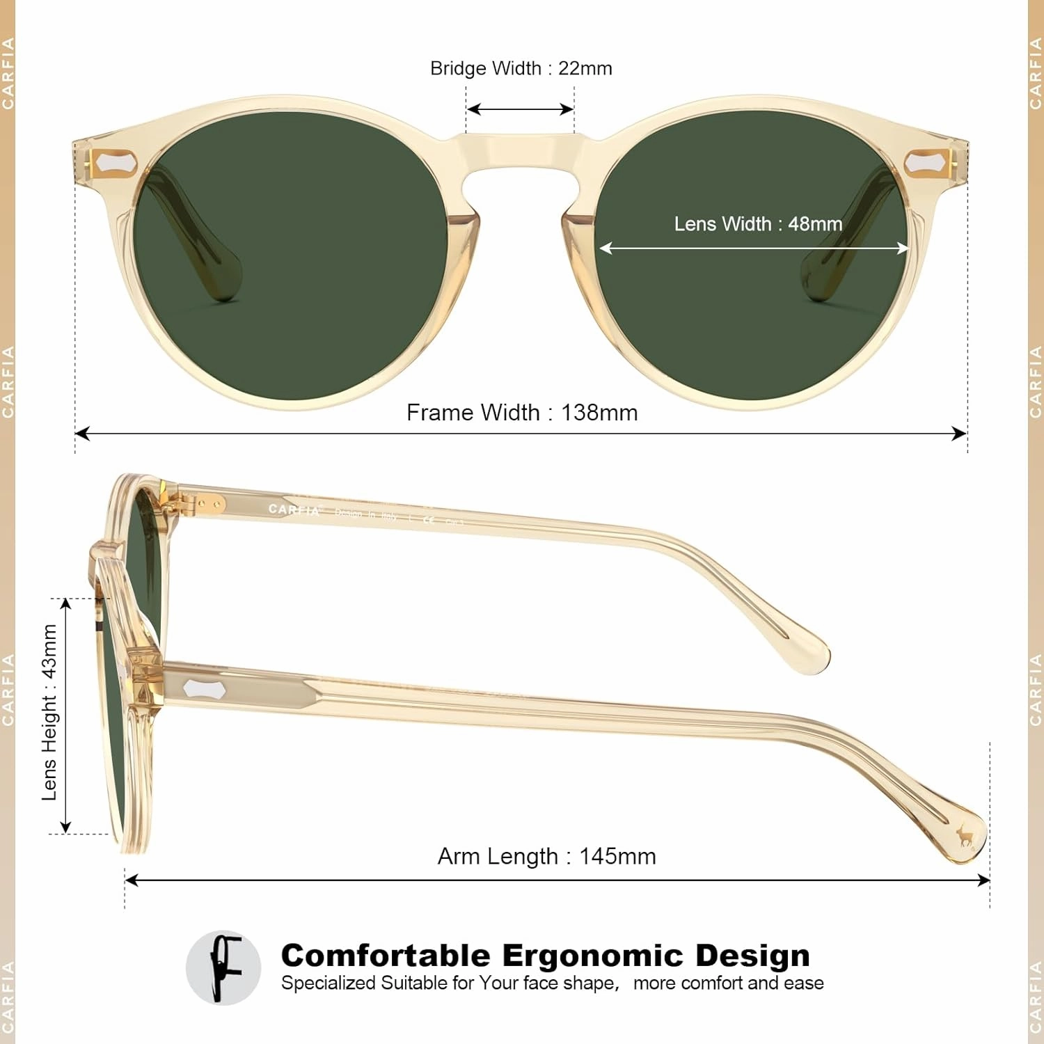 CARFIA Round Acetate Polarized Sunglasses for Women Small Face UV Protection with Leather Case CA5288