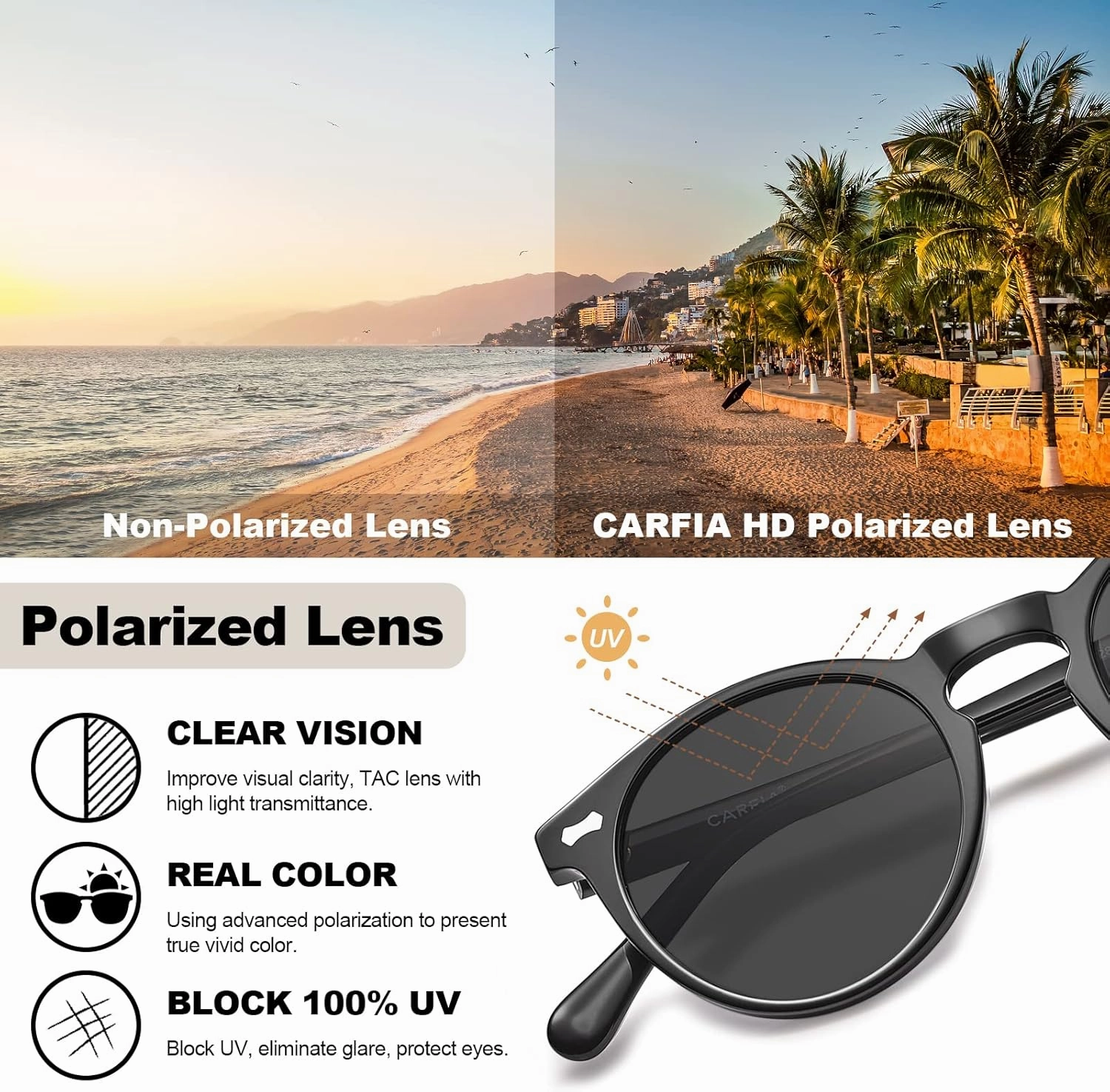 CARFIA Round Acetate Polarized Sunglasses for Women Small Face UV Protection with Leather Case CA5288