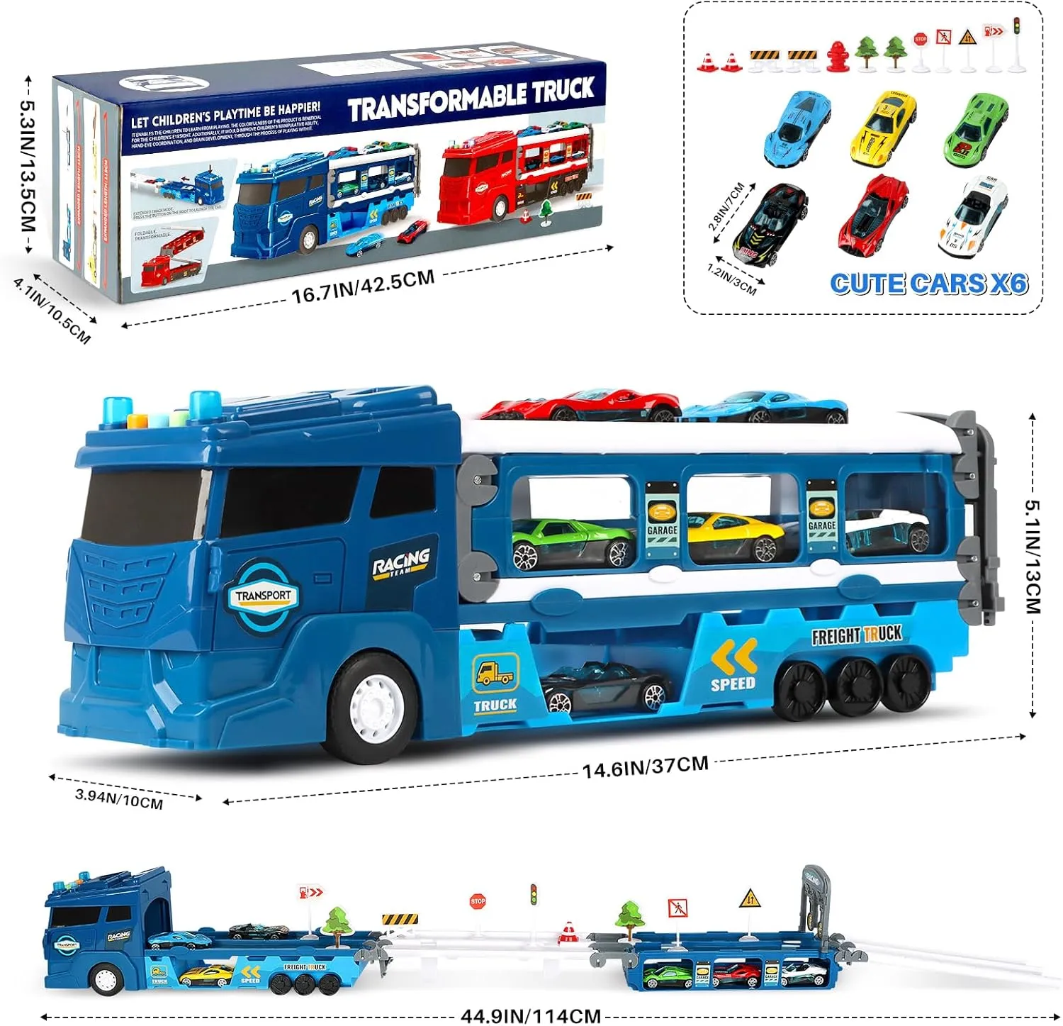 Carrier Truck Race Car Track Set for Toddlers Toys, 4 FT Race Track and 6 Die-Cast Toy Cars, Truck Toy with Lights & Sounds Xmas Gifts for 3 4 5 6 7 8 Years Old Kids Boys Girls (Blue)