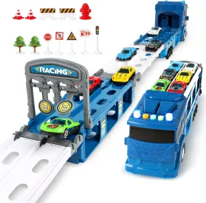 Carrier Truck Race Car Track Set for Toddlers Toys, 4 FT Race Track and 6 Die-Cast Toy Cars, Truck Toy with Lights & Sounds Xmas Gifts for 3 4 5 6 7 8 Years Old Kids Boys Girls (Blue)
