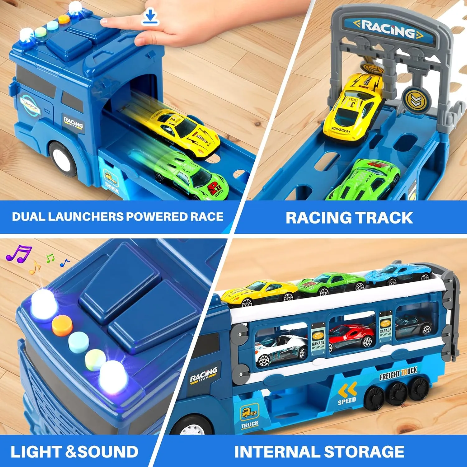 Carrier Truck Race Car Track Set for Toddlers Toys, 4 FT Race Track and 6 Die-Cast Toy Cars, Truck Toy with Lights & Sounds Xmas Gifts for 3 4 5 6 7 8 Years Old Kids Boys Girls (Blue)