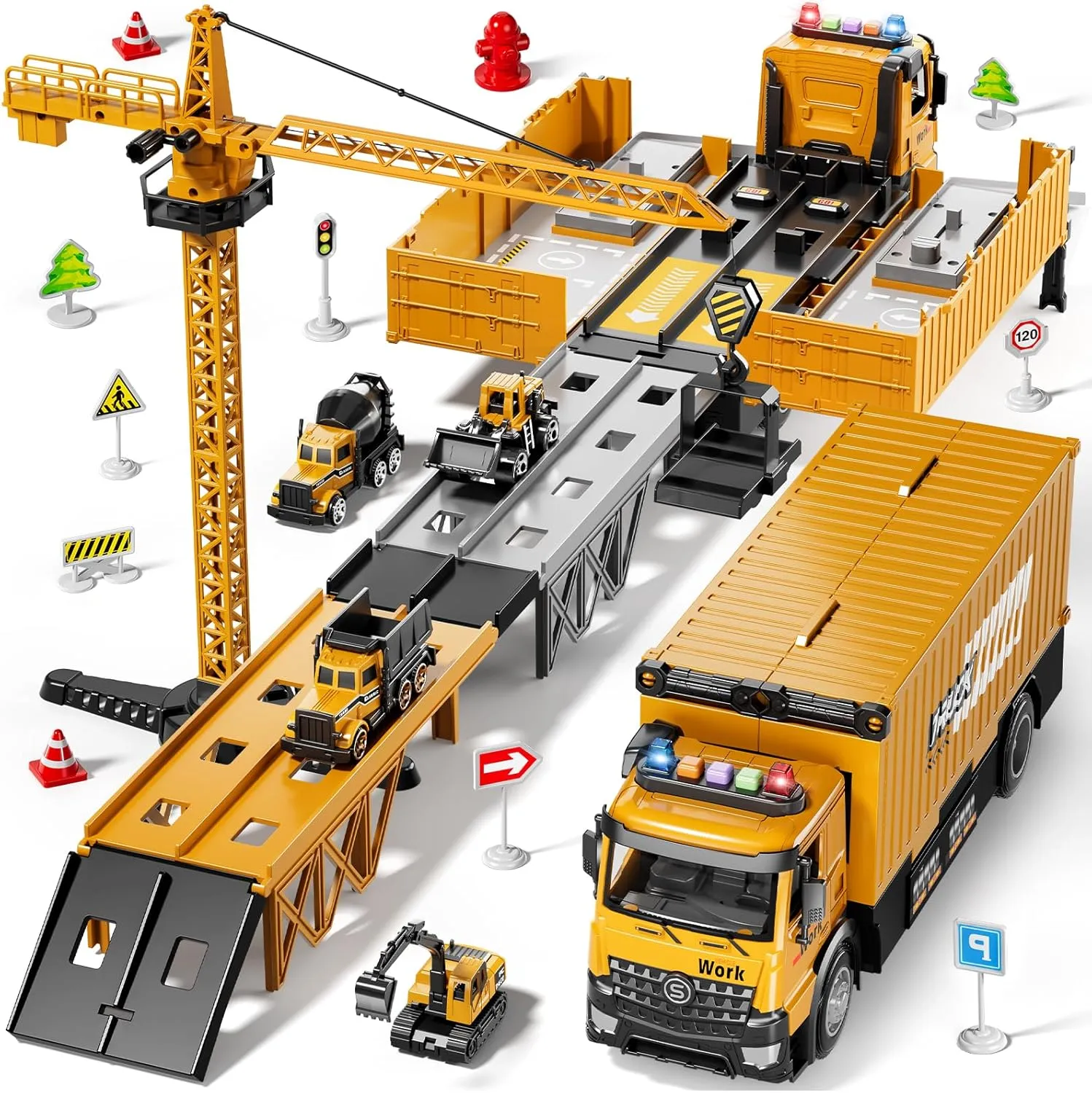 Carrier Truck Race Track Boy Toddlers Toys, Car Truck Toys for Toddlers 3-5 5-7, Toy Truck Transport Car Truck with Tower Crane Light Sound, Truck Car Toys Gifts for Age 3 4 5 6 7 Years Old Boys Girls