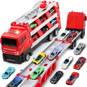 Carrier Truck Race Track Toddler Toys, 64.6 Inch Toy Truck Transport Car Race Track & 6 Die-Cast Metal Race Cars, Kids Truck Car Toys Track with Lights & Sounds for 4 5 6  Years Old Boys Girls