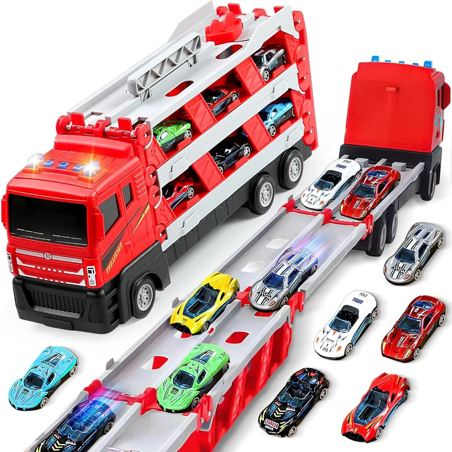 Carrier Truck Race Track Toddler Toys, 64.6 Inch Toy Truck Transport Car Race Track & 6 Die-Cast Metal Race Cars, Kids Truck Car Toys Track with Lights & Sounds for 4 5 6  Years Old Boys Girls