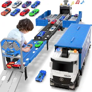 Carrier Truck Race Track Toddlers Toys, Foldable 3 Layer Track Playset, Toy Truck Transport Car Carrier & 8 Race Cars, Truck Car Kids Toys Xmas Gifts for Age 3 4 5 6  Years Old Boys Girls