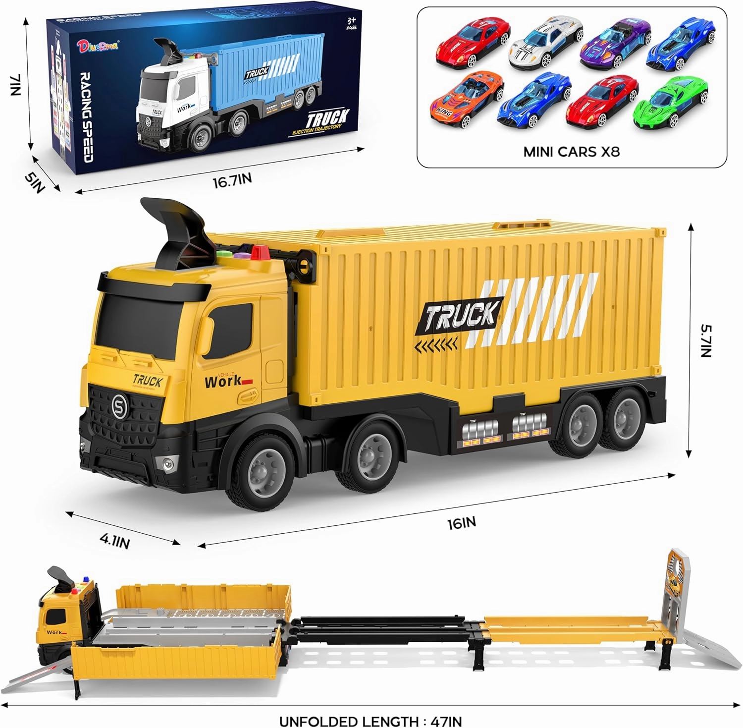 Carrier Truck Race Track Kids Toys, Foldable 3 Layer Toddler Track Playset, Toy Truck Transport Car Carrier & 8 Race Cars, Truck Car Toddlers Toys B-Day Gifts for Age 3 4 5 6  Years Old Boys Girls