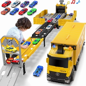 Carrier Truck Race Track Kids Toys, Foldable 3 Layer Toddler Track Playset, Toy Truck Transport Car Carrier & 8 Race Cars, Truck Car Toddlers Toys B-Day Gifts for Age 3 4 5 6  Years Old Boys Girls