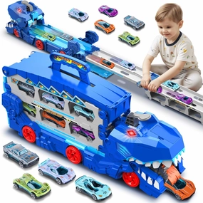 Carrier Truck Toys for Kids, 6-FT Race Track and 8 Die-Cast Metal Toy Cars, Dinosaur with Race Track Ultimate Transporter, Racing Car with Sound Toddler Toys Gifts for Age 3 4 5 6 7 8Years Old