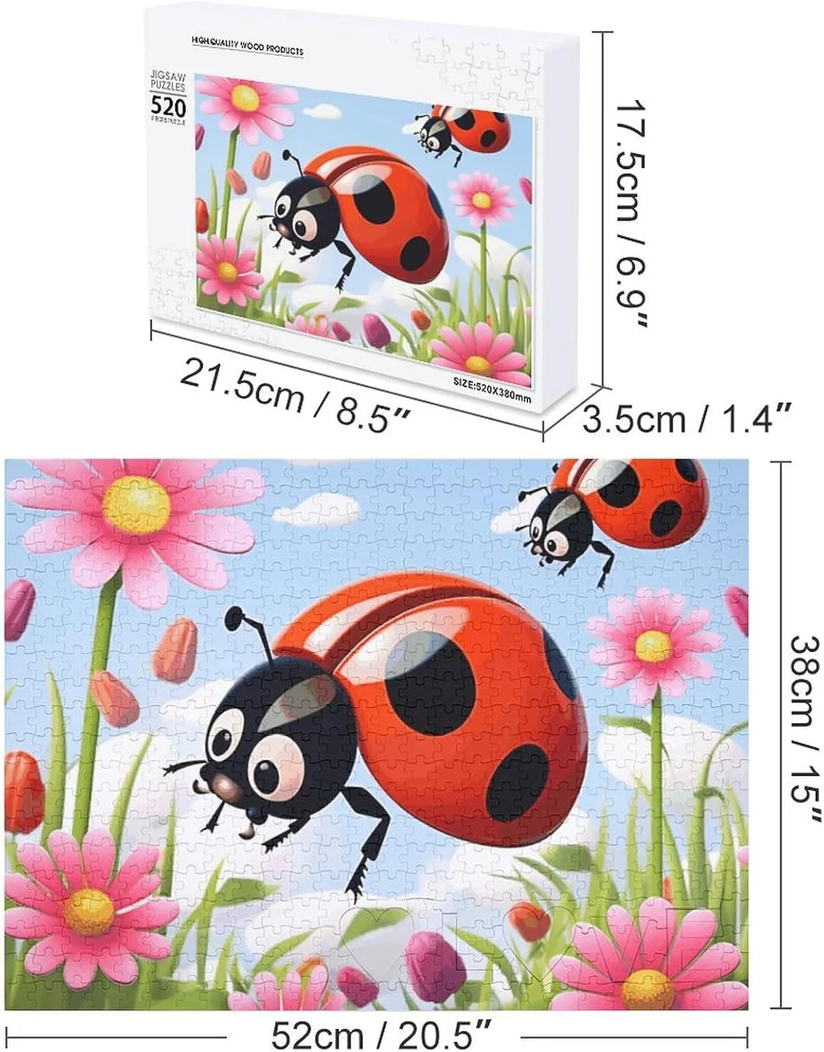 Cartoon Ladybug Flower Puzzles 520 Pieces Personalized Jigsaw Puzzles Cartoon Ladybug Flower Photo Puzzle Challenging Picture Puzzle for Adults Personaliz Jigsaw with Storage Bag (20.5" X 15")