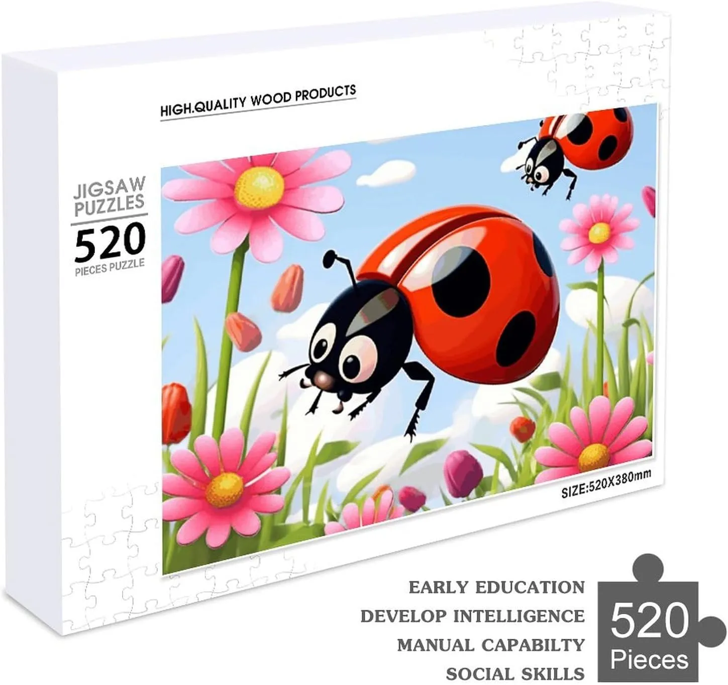 Cartoon Ladybug Flower Puzzles 520 Pieces Personalized Jigsaw Puzzles Cartoon Ladybug Flower Photo Puzzle Challenging Picture Puzzle for Adults Personaliz Jigsaw with Storage Bag (20.5" X 15")