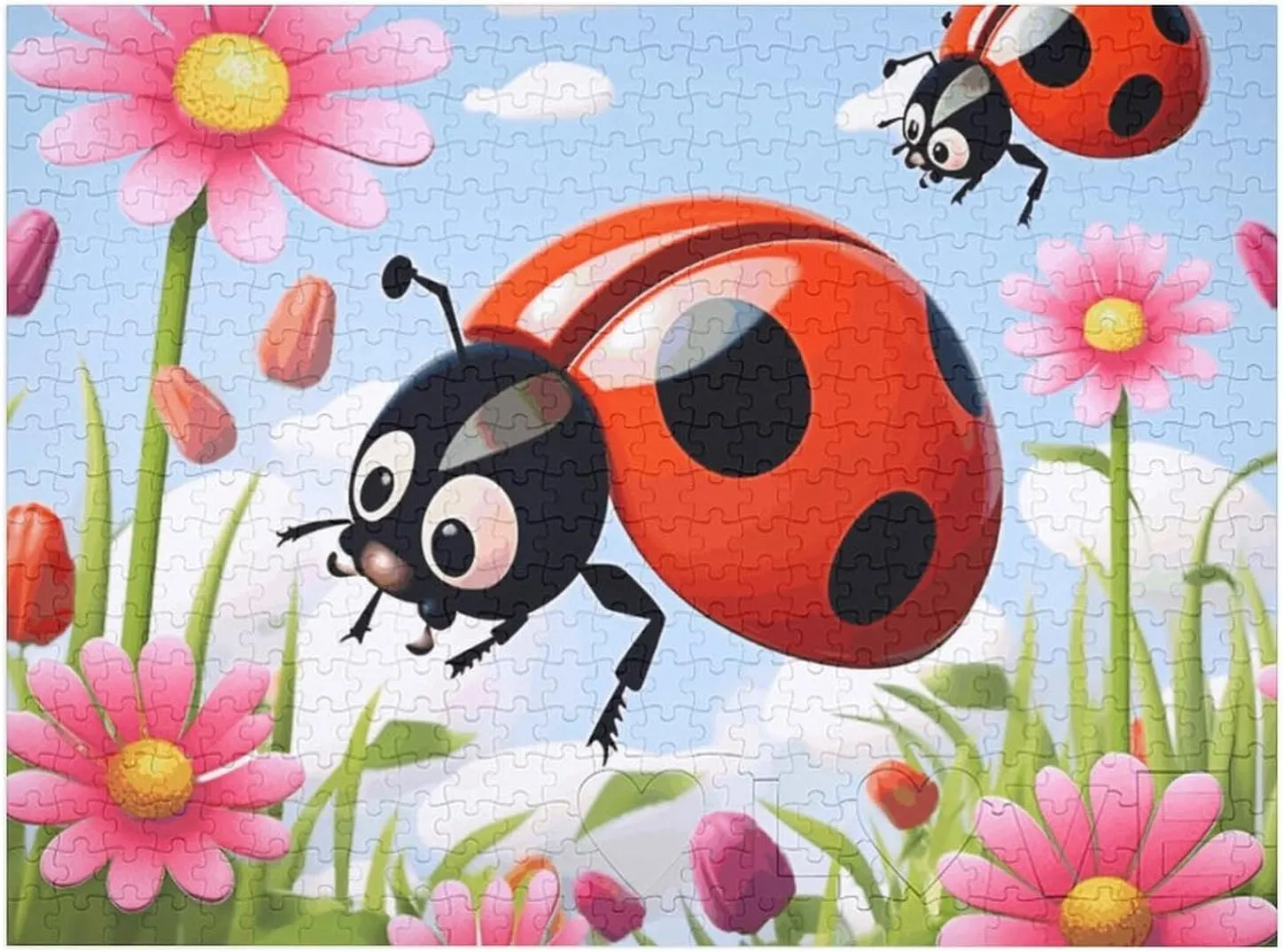 Cartoon Ladybug Flower Puzzles 520 Pieces Personalized Jigsaw Puzzles Cartoon Ladybug Flower Photo Puzzle Challenging Picture Puzzle for Adults Personaliz Jigsaw with Storage Bag (20.5" X 15")