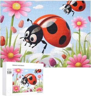 Cartoon Ladybug Flower Puzzles 520 Pieces Personalized Jigsaw Puzzles Cartoon Ladybug Flower Photo Puzzle Challenging Picture Puzzle for Adults Personaliz Jigsaw with Storage Bag (20.5" X 15")