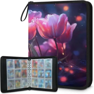 Cartoon Tulips 3 Ring Trading Zipper Binder Strap, Trading Card Binder 4 Pocket, 400 Pockets Card Holder with 50 Removable Sleeves for Game Cards