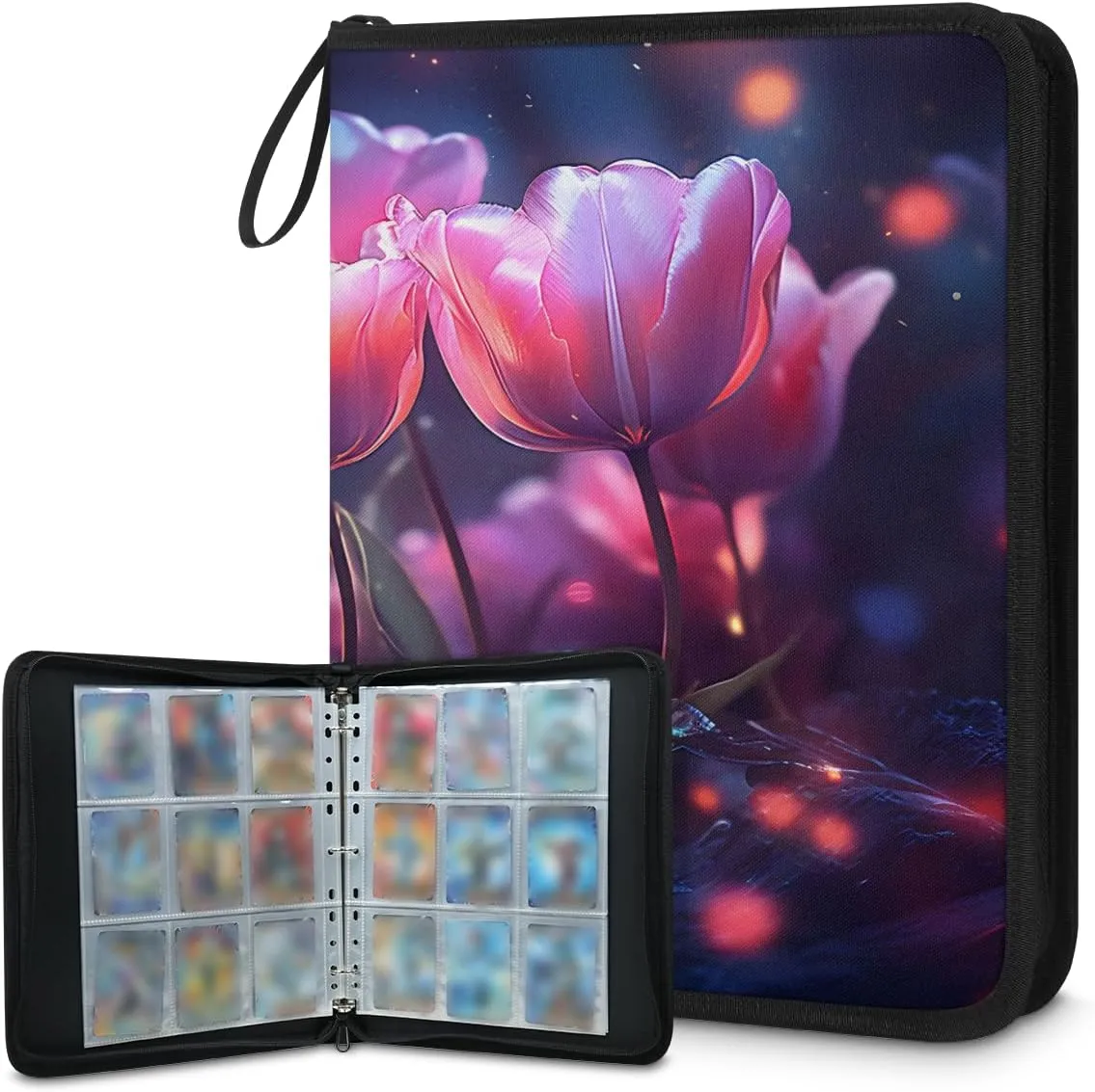 Cartoon Tulips 3 Ring Trading Zipper Binder Strap, Trading Card Binder 4 Pocket, 400 Pockets Card Holder with 50 Removable Sleeves for Game Cards
