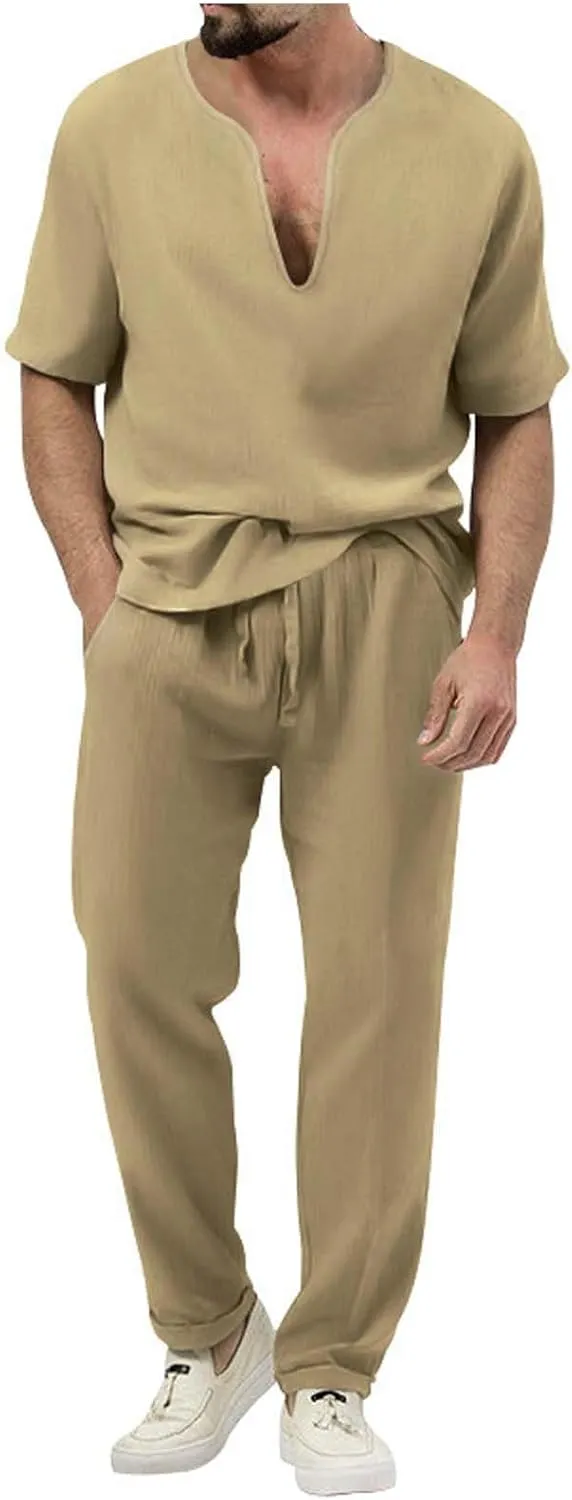 Casual Set for Mens 2 Piece Crew Neck Deep V Short Sleeve Tshirts Drawstring Pants Loose Cool Hiking Active Outfits