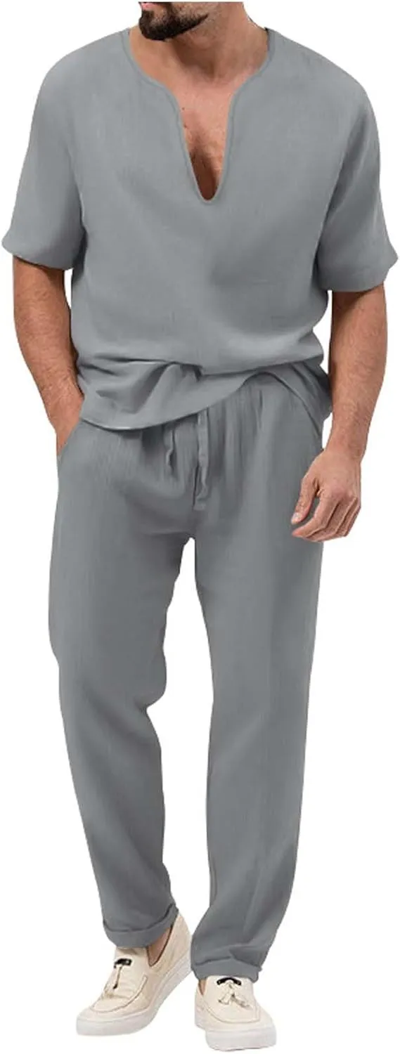 Casual Set for Mens 2 Piece Crew Neck Deep V Short Sleeve Tshirts Drawstring Pants Loose Cool Hiking Active Outfits