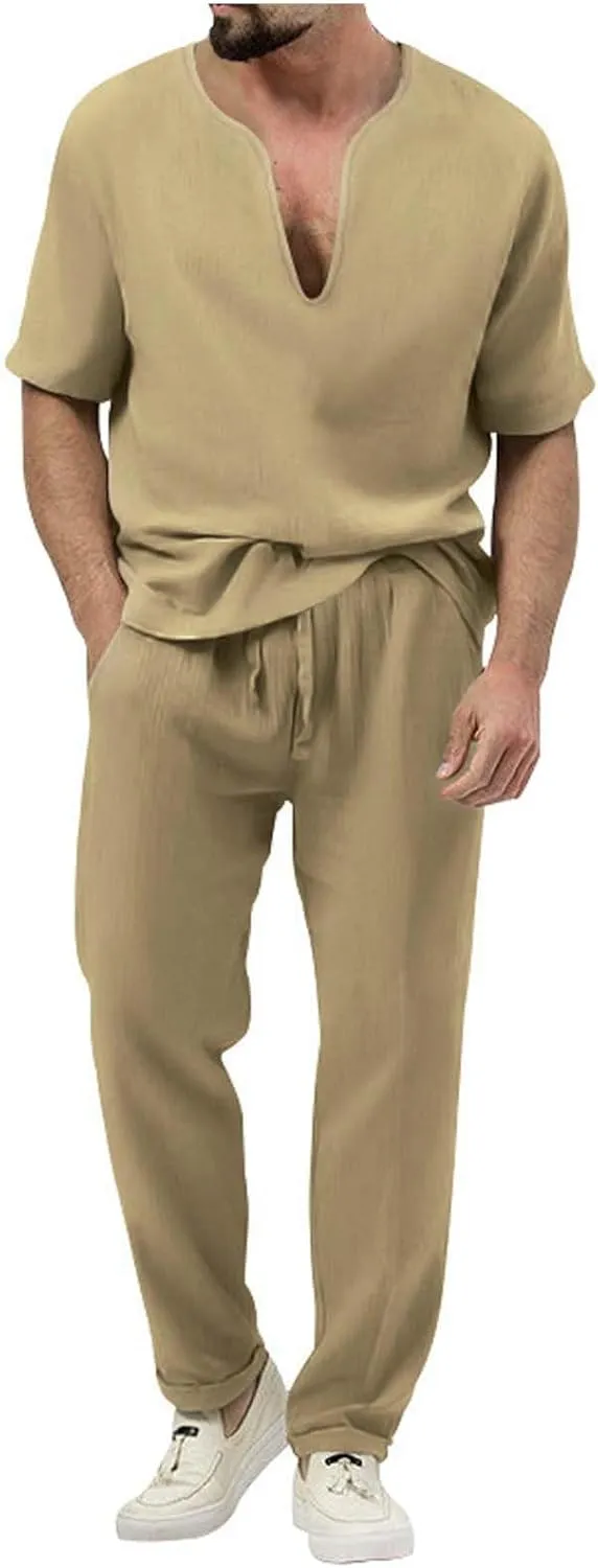 Casual Set for Mens 2 Piece Crew Neck Deep V Short Sleeve Tshirts Drawstring Pants Loose Cool Hiking Active Outfits