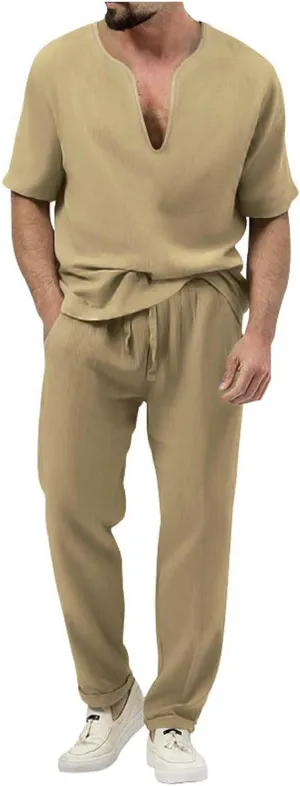Casual Set for Mens 2 Piece Crew Neck Deep V Short Sleeve Tshirts Drawstring Pants Loose Cool Hiking Active Outfits