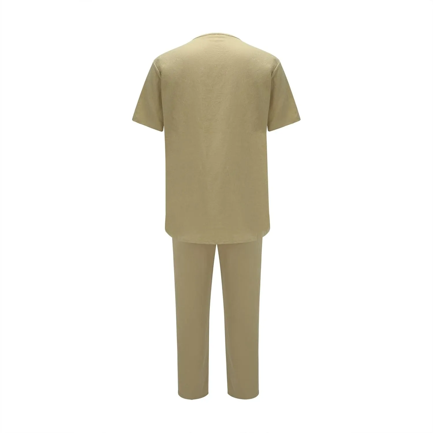 Casual Set for Mens 2 Piece Crew Neck Deep V Short Sleeve Tshirts Drawstring Pants Loose Cool Hiking Active Outfits