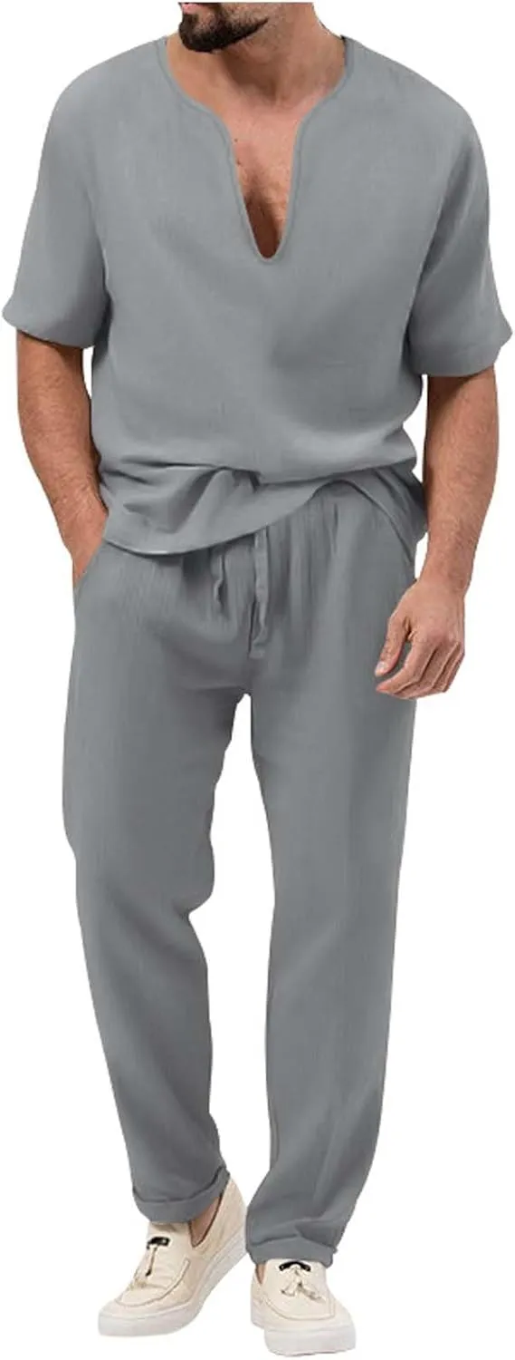 Casual Set for Mens 2 Piece Crew Neck Deep V Short Sleeve Tshirts Drawstring Pants Loose Cool Hiking Active Outfits