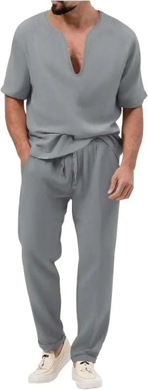 Casual Set for Mens 2 Piece Crew Neck Deep V Short Sleeve Tshirts Drawstring Pants Loose Cool Hiking Active Outfits