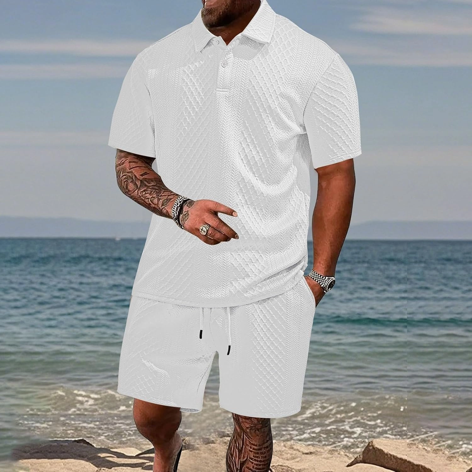 Casual Polo Tracksuit for Mens 2 Piece Jacquard Plaid Lapel Button Tunic Shirts Athletic Shorts Business Sport Sets
