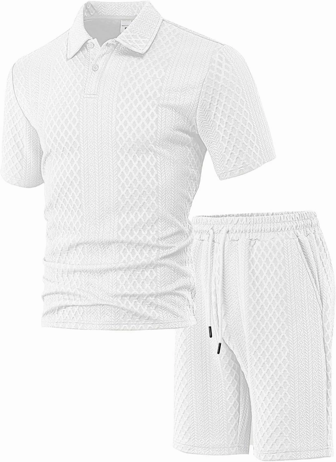 Casual Polo Tracksuit for Mens 2 Piece Jacquard Plaid Lapel Button Tunic Shirts Athletic Shorts Business Sport Sets
