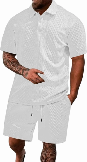Casual Polo Tracksuit for Mens 2 Piece Jacquard Plaid Lapel Button Tunic Shirts Athletic Shorts Business Sport Sets
