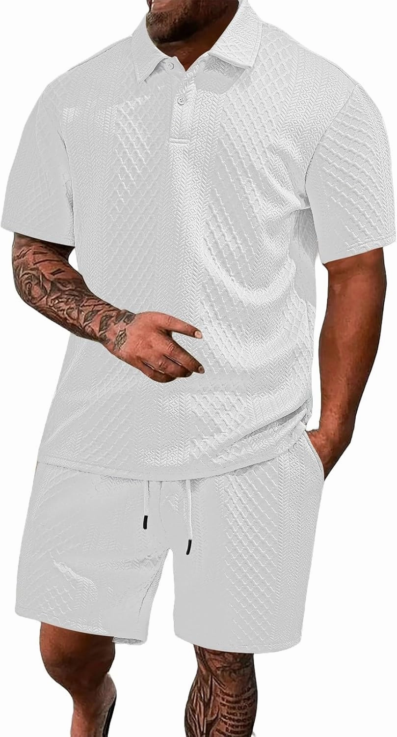 Casual Polo Tracksuit for Mens 2 Piece Jacquard Plaid Lapel Button Tunic Shirts Athletic Shorts Business Sport Sets