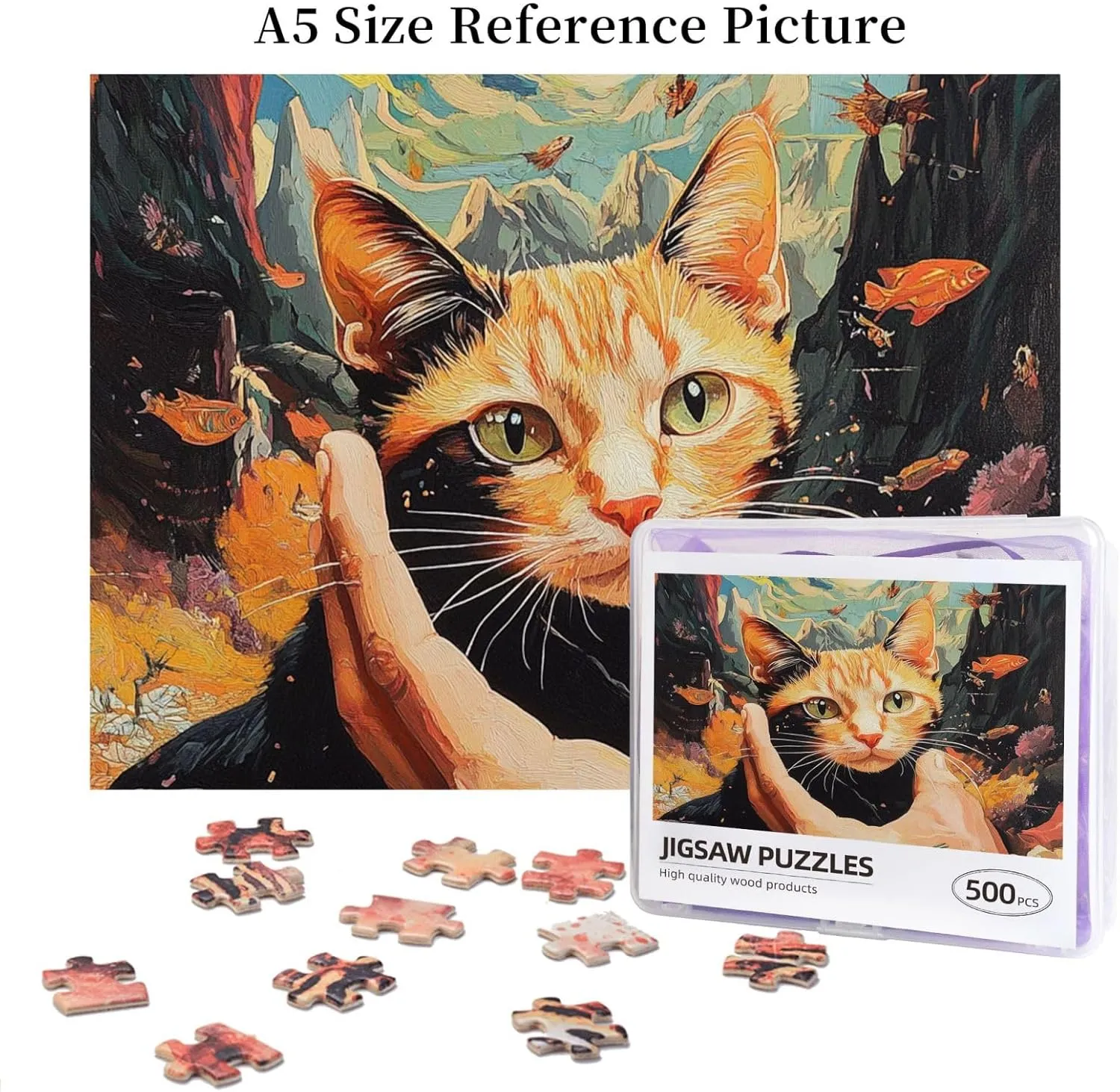 Cat and Fish Jigsaw Puzzle 500 Piece for Adults & Kids, Wall Hanging Puzzles Intellectual Decompressing Fun Family Game Large Puzzle Game Toys Gifts