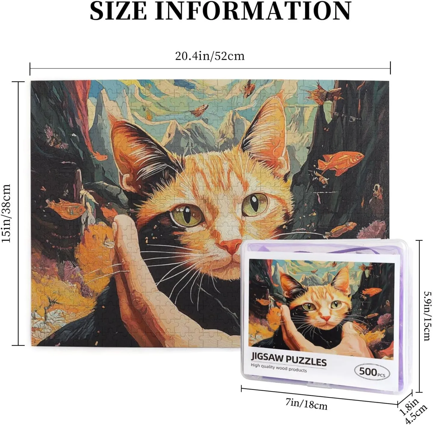 Cat and Fish Jigsaw Puzzle 500 Piece for Adults & Kids, Wall Hanging Puzzles Intellectual Decompressing Fun Family Game Large Puzzle Game Toys Gifts