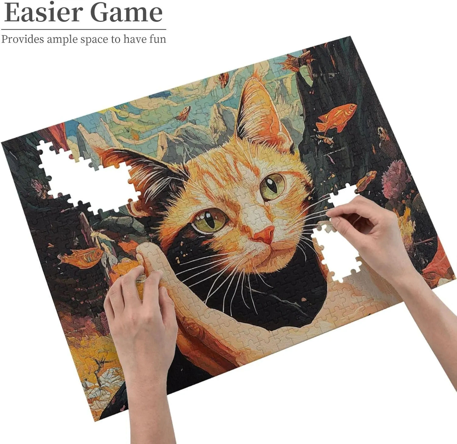 Cat and Fish Jigsaw Puzzle 500 Piece for Adults & Kids, Wall Hanging Puzzles Intellectual Decompressing Fun Family Game Large Puzzle Game Toys Gifts
