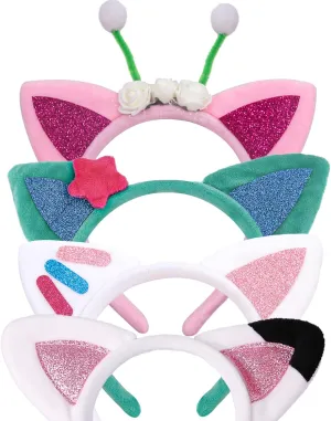 Cat Ears Headbands, 4pcs Dollhouse Birthday Party Accessories, Flannel Cartoon Cosplay Headpiece, Glitter Hair Clips for Girls Halloween Supplies