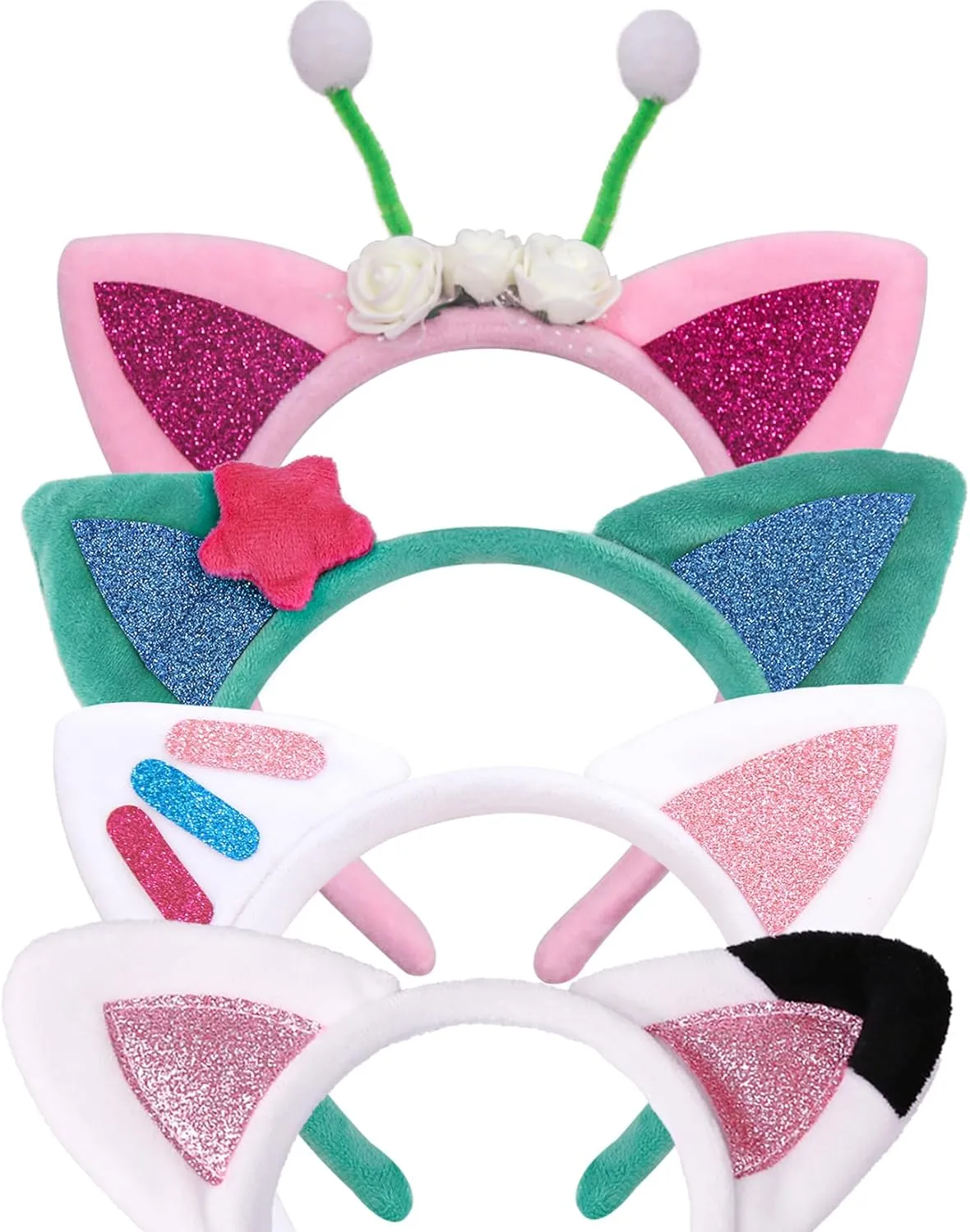 Cat Ears Headbands, 4pcs Dollhouse Birthday Party Accessories, Flannel Cartoon Cosplay Headpiece, Glitter Hair Clips for Girls Halloween Supplies