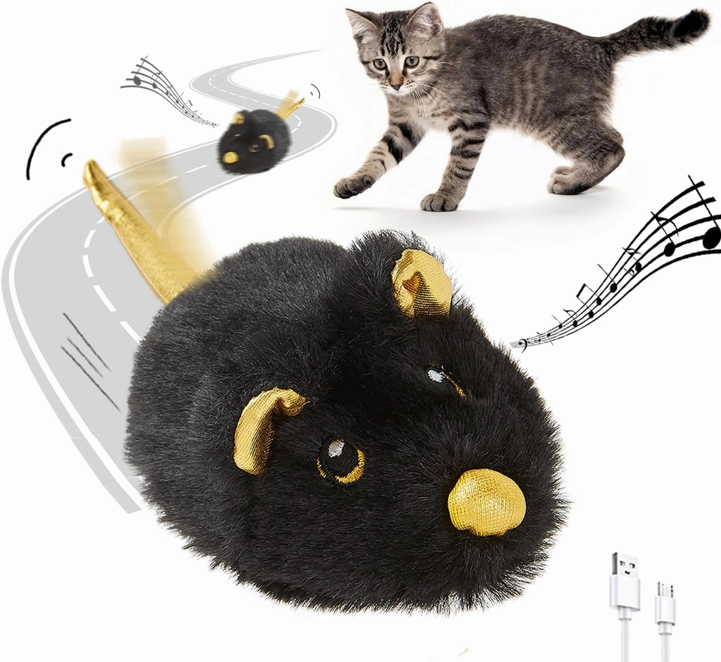Cat Toys Squeaky Rechargeable Moving Mouse with Dynamic Magic Tail, Automatic Self Play Cat Toy for Indoor Kittens (Black)