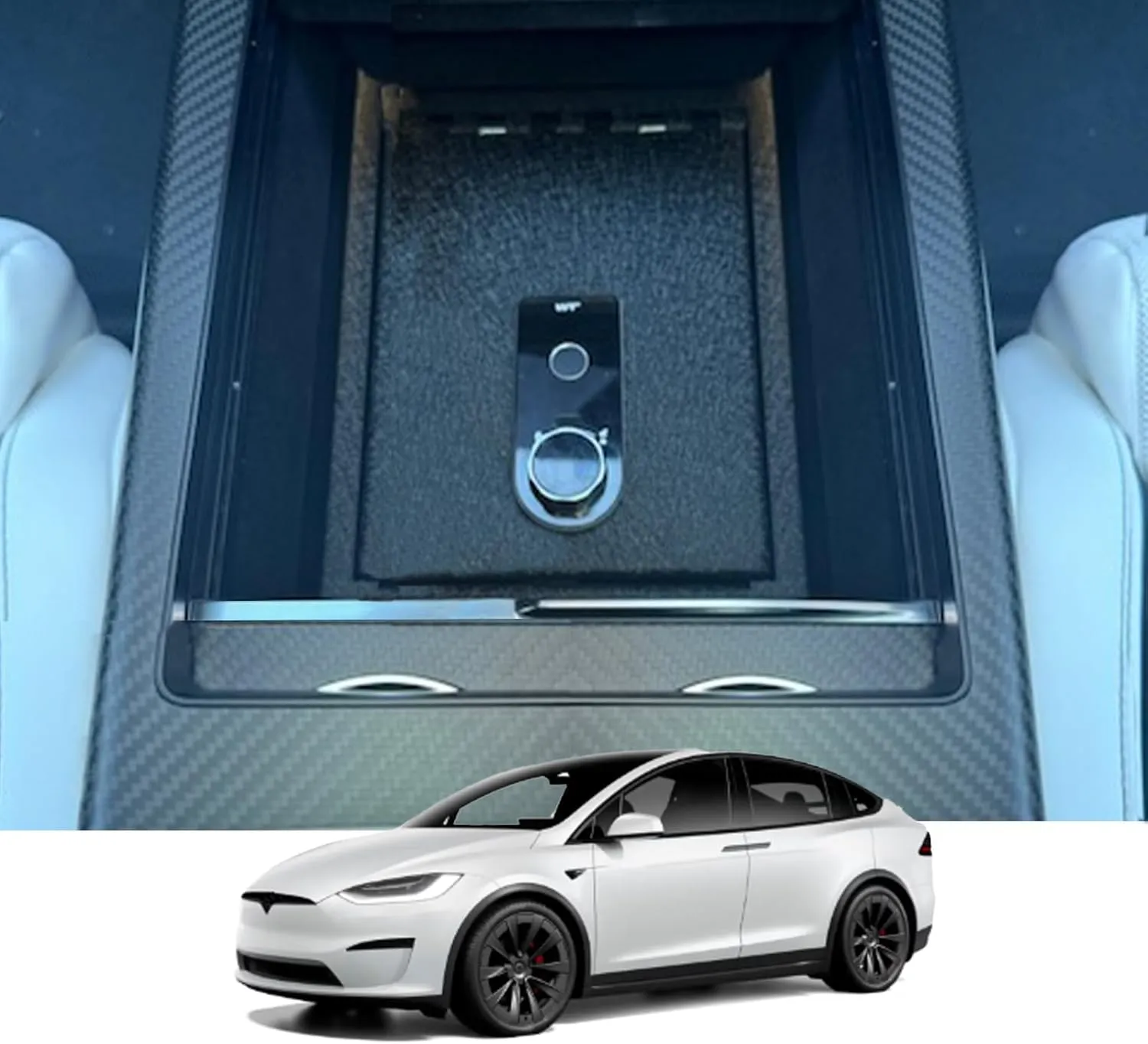 Center Console Safe Gun Safe, WASAI Premium In-vehicle Console Gun Vault Lockbox Compatible with 2021-2025 Tesla Model X/Model S, Fingerprint Lock with Backup Key.