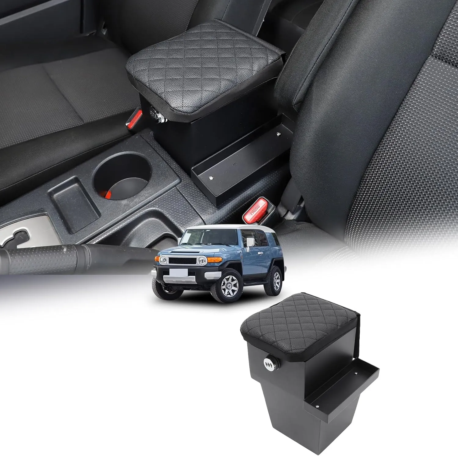 Center Console Safe Lockbox Compatible with Toyot@ FJ Cruiser 2007-2021 Accessories, 3-Digit Combo Lock Console Gun Vault Safe Storage Box (with Armrest Pad)