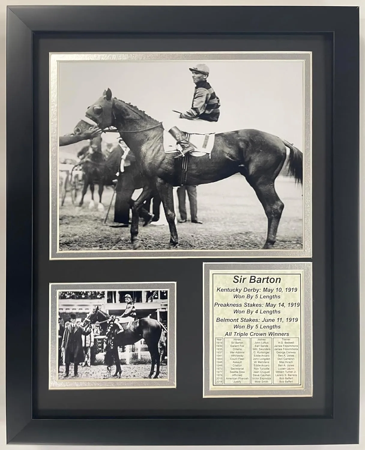 Championsip Racehorse Collectible Memorabilia | Triple Crown Racehorses | Framed Photo Collages | 12"x15" (Sir Barton)