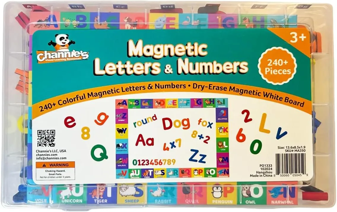 Channie’s Magnetic Letters and Numbers Set, 240  Piece Educational Math & Alphabet Magnets with Dry-Erase Board, Hands-On Learning for Kids Ages 3 , Ideal for Early Literacy & Numeracy